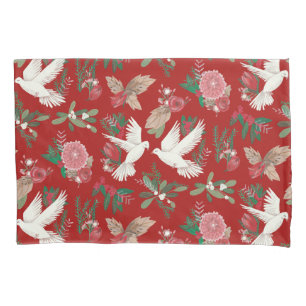 Doves floral Christmas red green Pillow Case