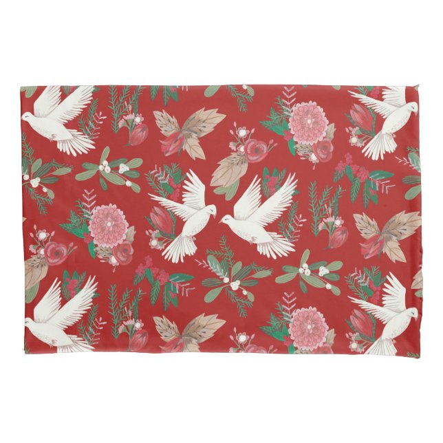 Doves floral Christmas red green Pillow Case (Front)