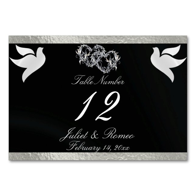 Doves & Heart - Black/Silver Table Number (Front)
