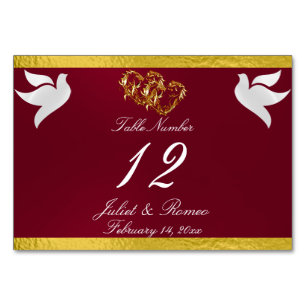Doves & Heart - Burgundy/Gold Table Number