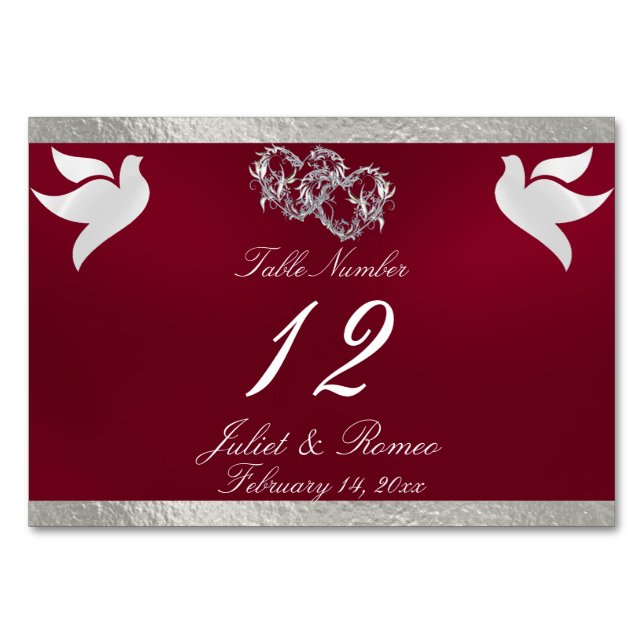 Doves & Heart - Burgundy/Silver Table Number (Front)