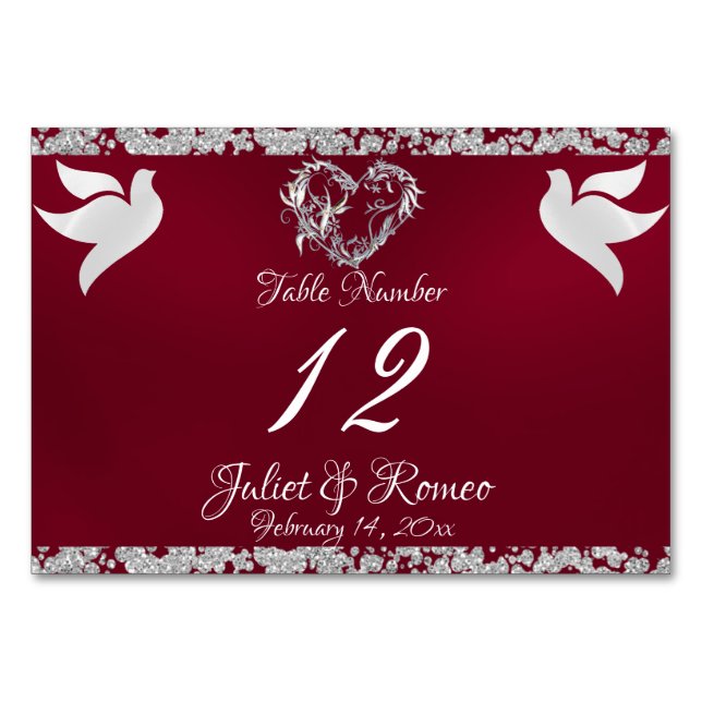 Doves, Heart & Glitter - Burgundy Table Number (Front)