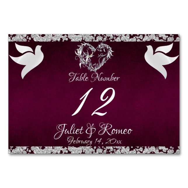 Doves, Heart & Glitter - Plum Table Number (Front)