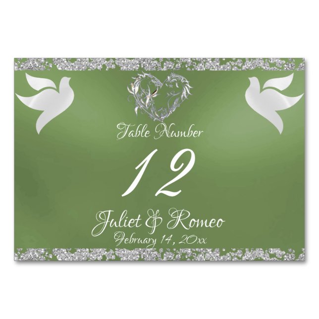 Doves, Heart & Glitter - Sage Table Number (Front)