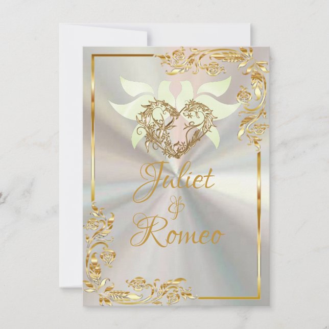 Doves, Heart & Gold Frame on White Pearl 2 Invitation (Front)