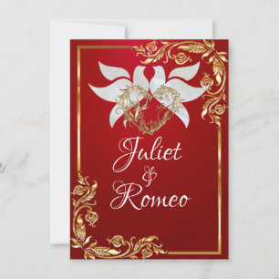 Doves, Heart, & Gold Leaves on Crimson Red Invitation