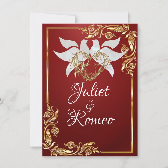 Doves, Heart, & Gold Leaves on Ruby Red Invitation (Front)
