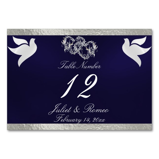 Doves & Heart - Navy Blue/Silver Table Number (Front)