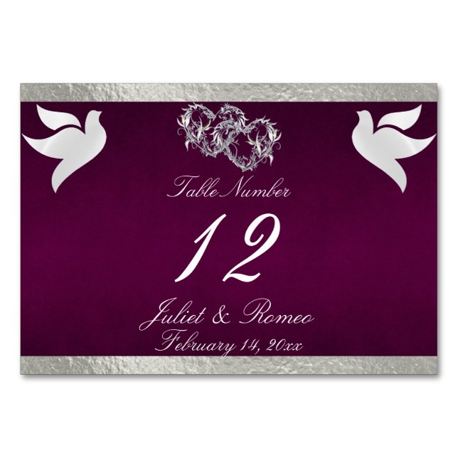Doves & Heart - Purple/Silver Table Number (Front)
