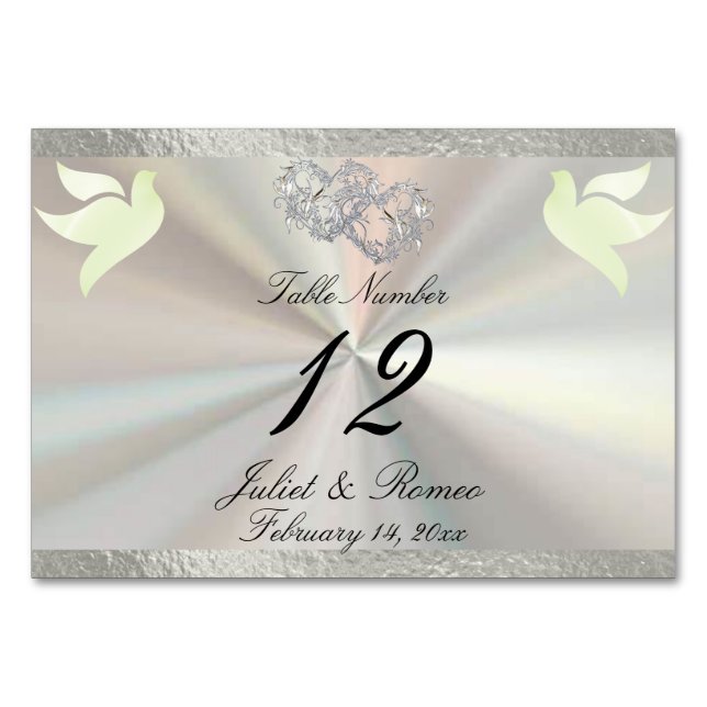 Doves & Heart - White/Silver Table Number (Front)