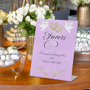 Doves & Hearts Favours - Lavender Pearl/Gold Pedestal Sign