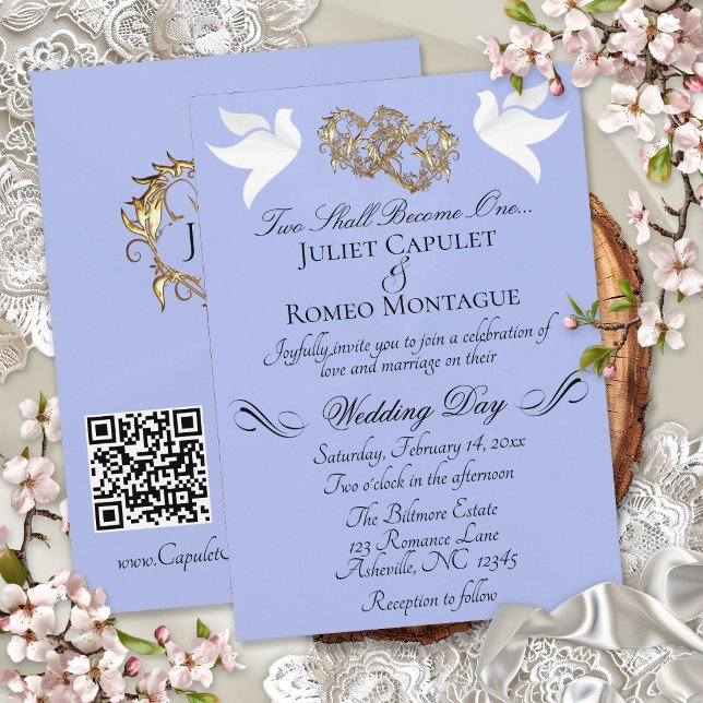 Doves, Hearts, QR Code - Blue Pearl/Gold Invitation (Creator Uploaded)