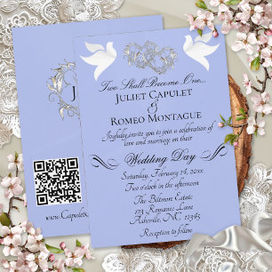 Doves, Hearts, QR Code - Blue Pearl/Silver Invitation