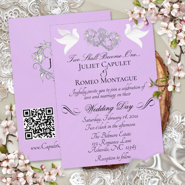 Doves, Hearts, QR Code - Lavender Pearl/Silver Invitation (Creator Uploaded)