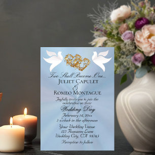 Doves, Hearts, QR Code - Pastel Blue/Gold Invitation