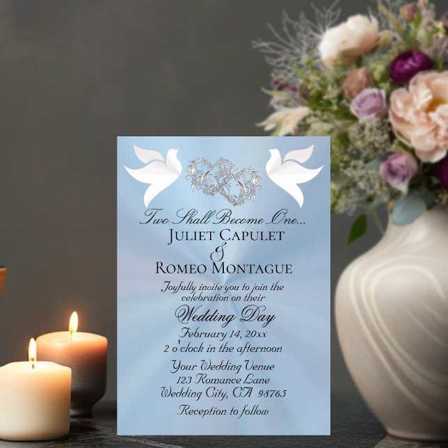Doves, Hearts, QR Code - Pastel Blue/Silver Invitation (Creator Uploaded)