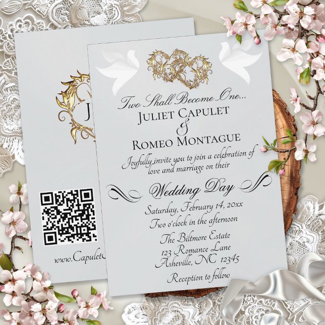 Doves, Hearts, QR Code - Silver Pearl/Gold Invitation (Creator Uploaded)
