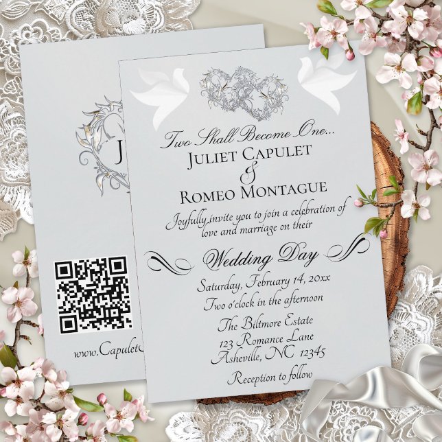 Doves, Hearts, QR Code - Silver Pearl/Silver Invitation (Creator Uploaded)