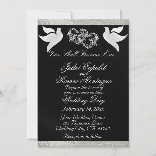 Doves, Hearts & Ribbon, QR Code - Black/Silver Invitation (Front)