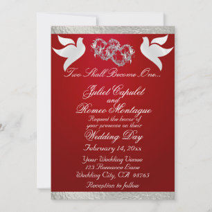 Doves, Hearts & Ribbon, QR Code - Crimson/Silver Invitation
