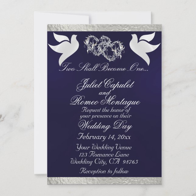 Doves, Hearts & Ribbon, QR Code - Navy Blue/Silver Invitation (Front)