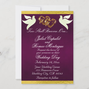 Doves, Hearts & Ribbon, QR Code - Purple/Gold Invitation