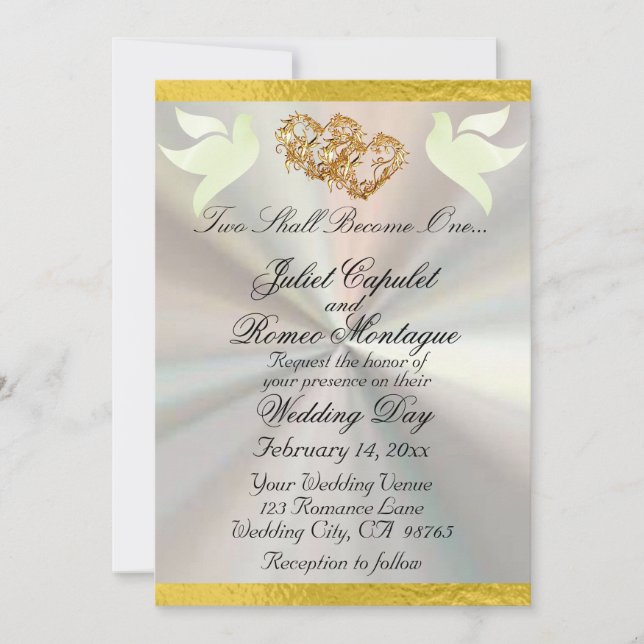 Doves, Hearts & Ribbon, QR Code - White/Gold Invitation (Front)