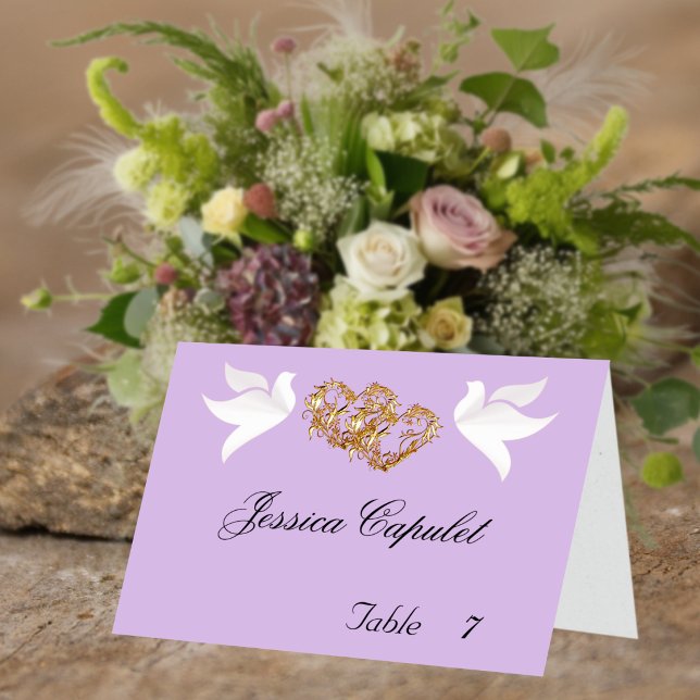 Doves & Linked Hearts Gold/Lavender Place Card (Creator Uploaded)