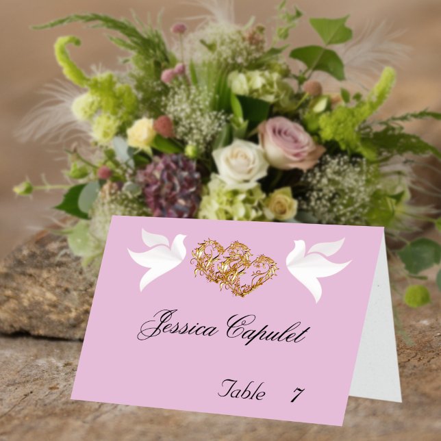 Doves & Linked Hearts Gold/Pink Place Card (Creator Uploaded)