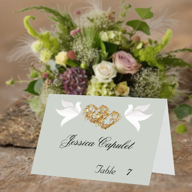 Doves & Linked Hearts Gold/Sage Place Card (Creator Uploaded)