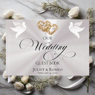 Doves & Linked Hearts - Pearl White/Gold Guest Book