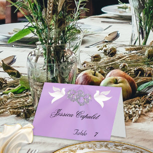 Doves & Linked Hearts Silver/Lavender Place Card