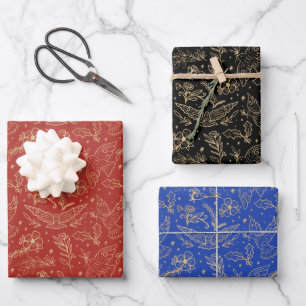 Doves Of Peace Shimmer Gold Foil Floral Pattern Wrapping Paper Sheet
