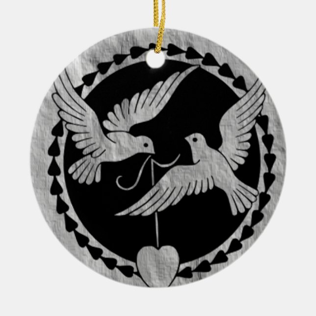 Doves on Brushed Metal Ceramic Ornament (Front)