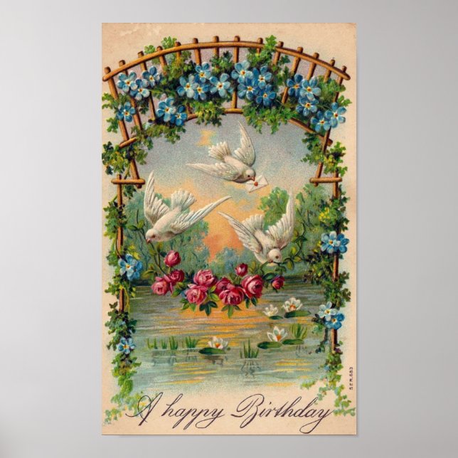 Doves Roses Birthday Poster (Front)