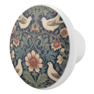 Doves William Morris style Four Dove Birds Ceramic Knob