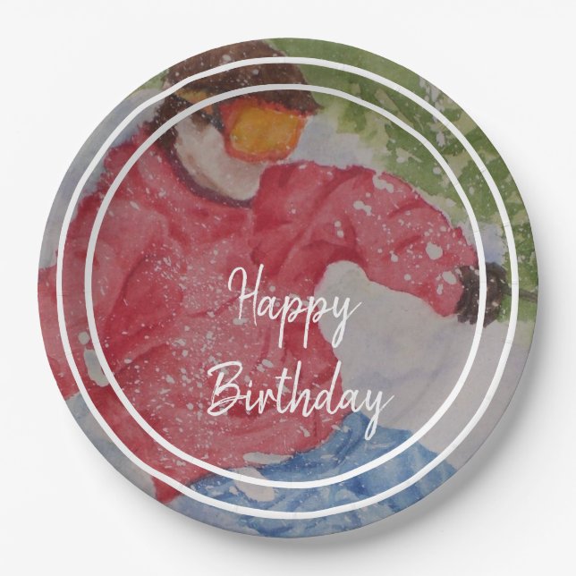 Down Hill Skier Happy Birthday Party Paper Plate (Front)
