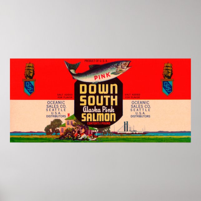 Down South Brand Salmon Label- Seattle, WA Poster (Front)