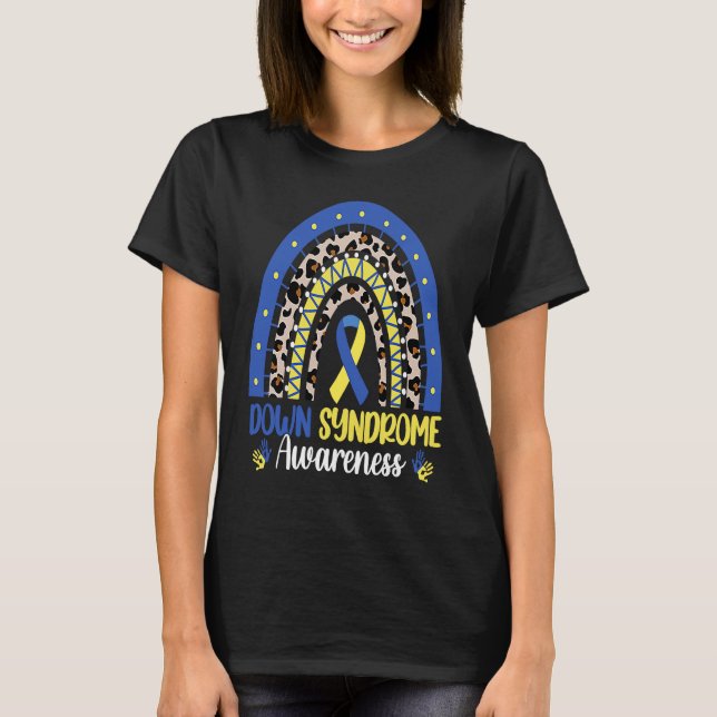 Down Syndrome Awareness Rainbow Blue Yellow Ribbon T-Shirt (Front)