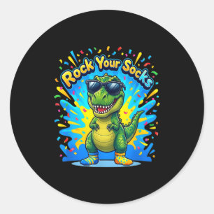 Down syndrome awareness rock socks t-rex dinosaur classic round sticker