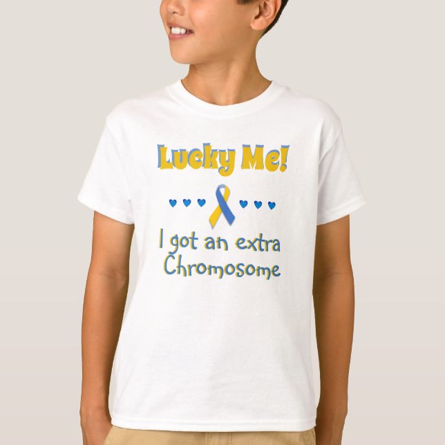 Down Syndrome  Lucky Me! Extra Chromosome - Hearts T-Shirt (Front)