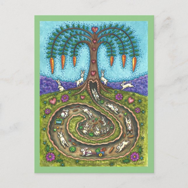 DOWN THE RABBIT HOLE, CARROT WILLOW TREE FOLK ART POSTCARD (Front)