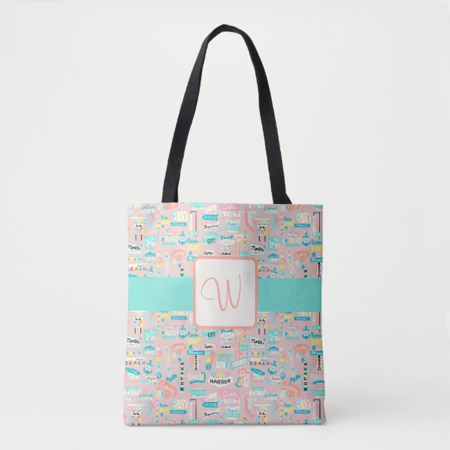 Down the Shore NJ Beach Themed Monogram Tote Bag (Front)