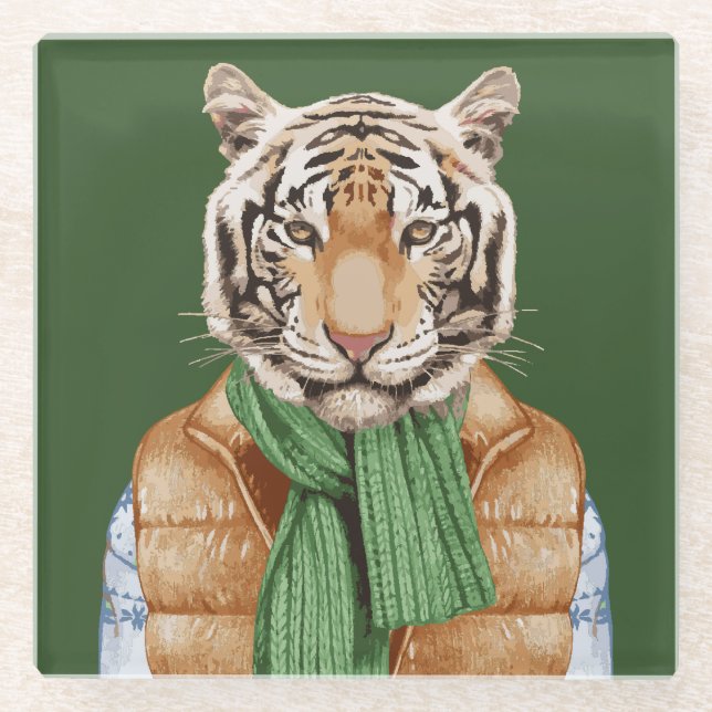 Down Vest Tiger Glass Coaster (Front)