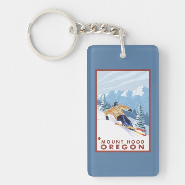 Downhhill Snow Skier - Mount Hood, Oregon Keychain (Front)
