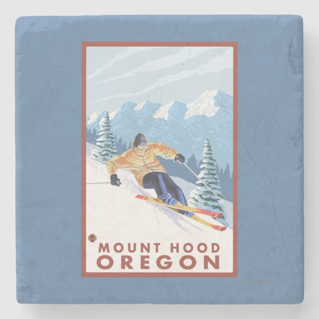 Downhhill Snow Skier - Mount Hood, Oregon Stone Coaster (Front)