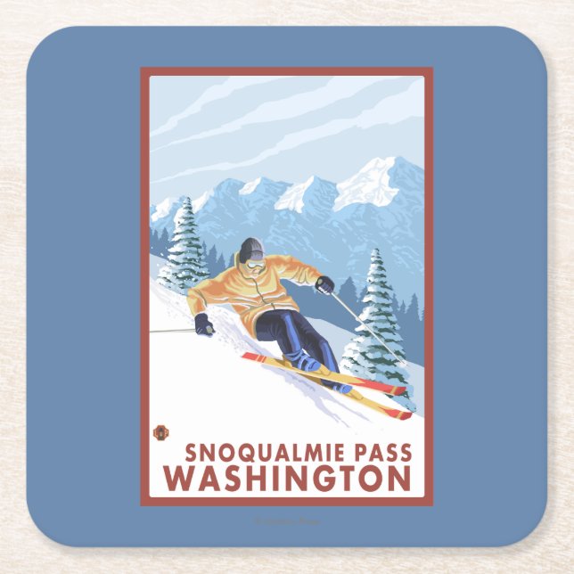 Downhhill Snow Skier - Snoqualmie Pass, WA Square Paper Coaster (Front)