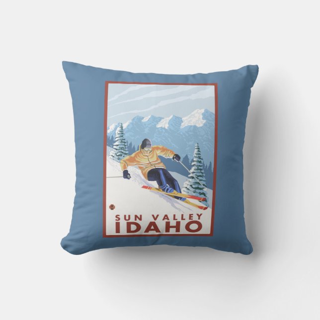Downhhill Snow Skier - Sun Valley, Idaho Throw Pillow (Front)
