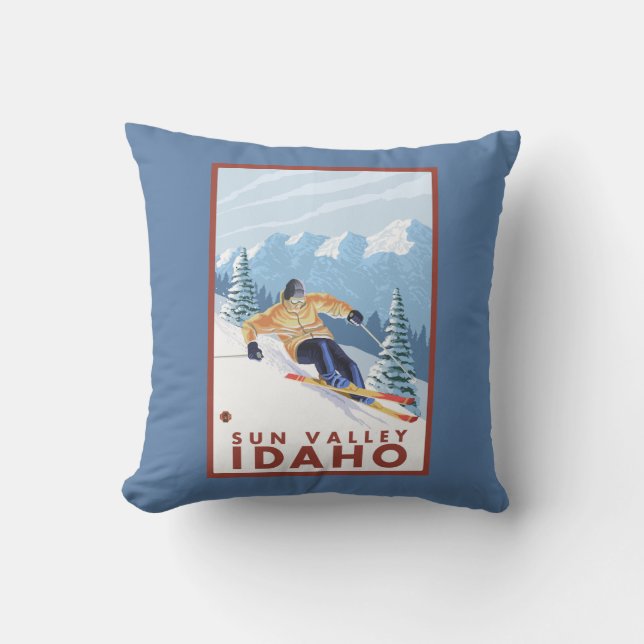 Downhhill Snow Skier - Sun Valley, Idaho Throw Pillow (Front)