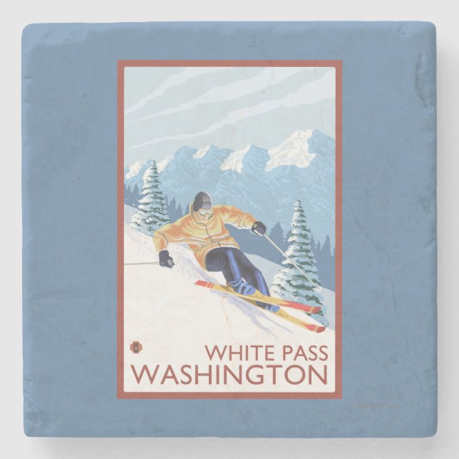 Downhhill Snow Skier - White Pass, Washington Stone Coaster (Front)